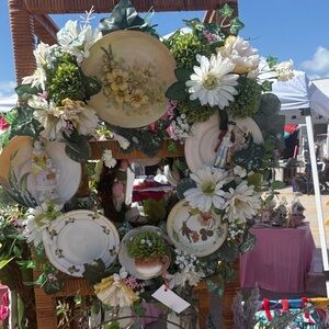Floral Vintage Plate Wreath with White & Green Flowers